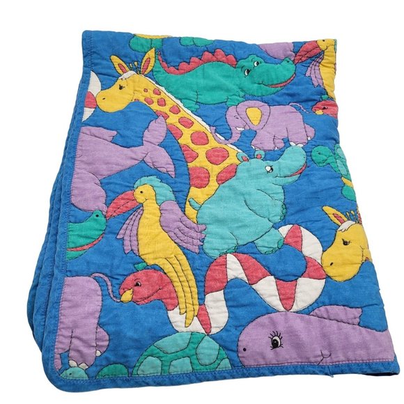 VTG Childrens Baby Blanket Quilt Pastel Animals Sea Life Blue Nursery - Picture 1 of 7